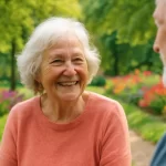 Idosa sorridente em um parque, cercada por árvores verdes e flores, transmitindo bem-estar e conexão emocional