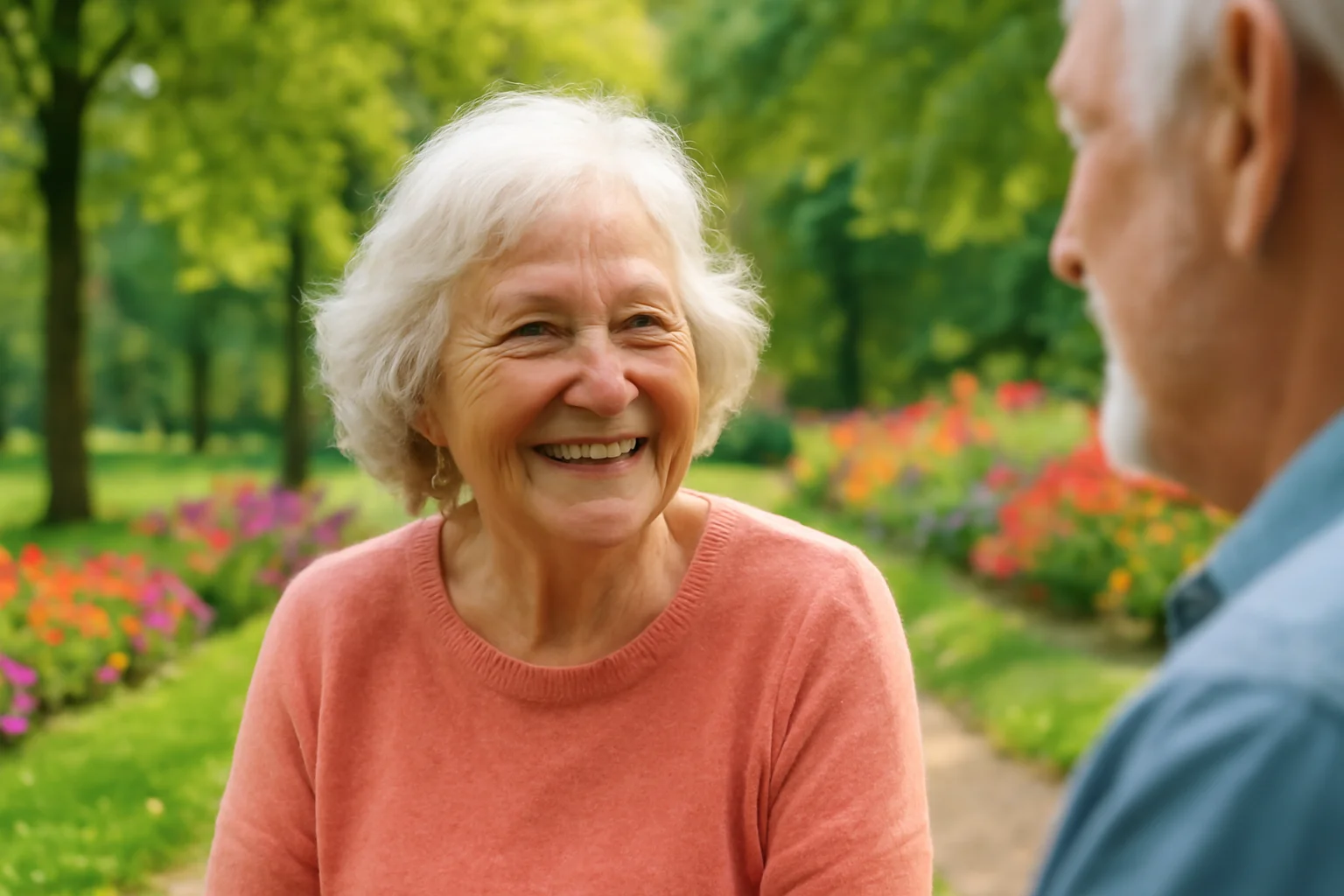 Idosa sorridente em um parque, cercada por árvores verdes e flores, transmitindo bem-estar e conexão emocional